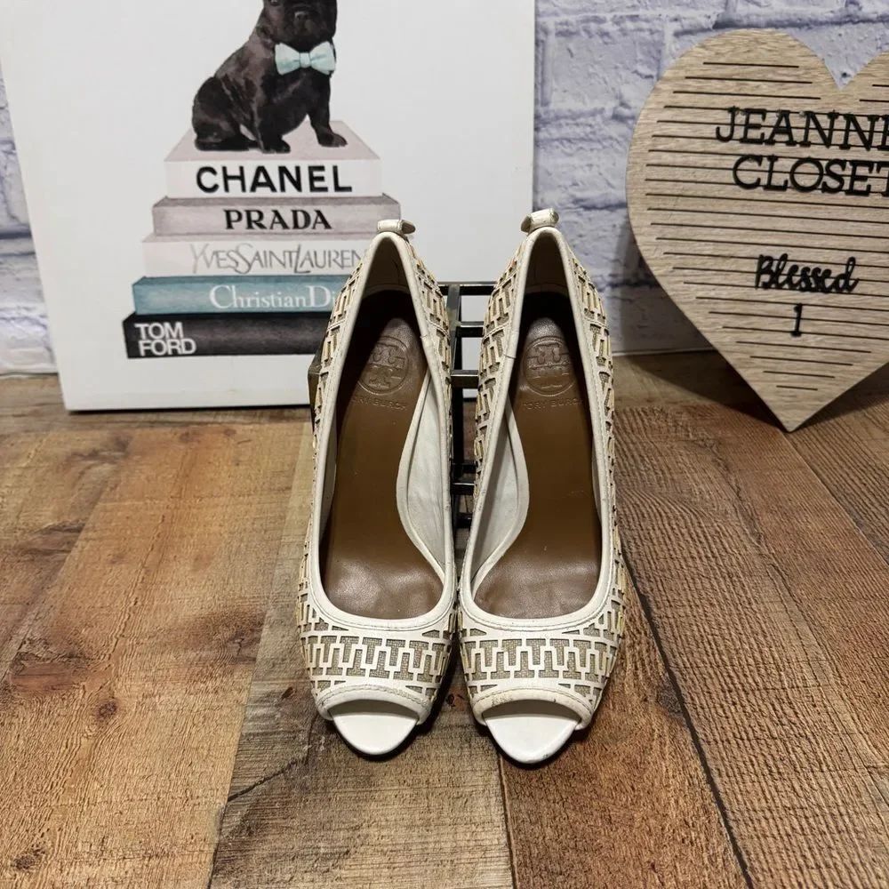 TORY BURCH Regan Leather/ Linen Peep-Toe Cut-out High Heel Pumps 8.5M - Picture 7 of 11